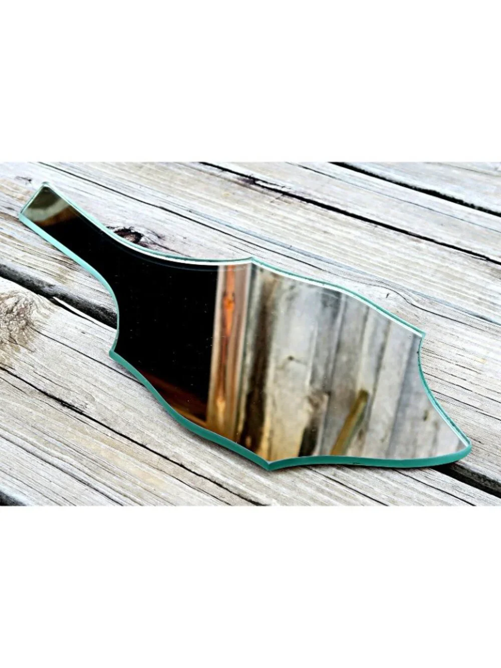 Art Deco Frameless Vanity Hand Mirror Abstract Atomic Backing c.1930s-1940s